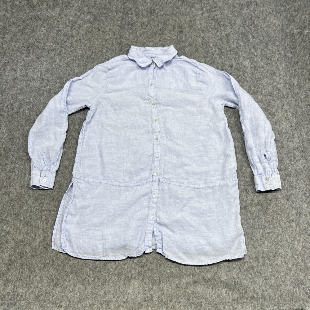 Tahari Shirt Womens XL Blue Linen Long Sleeve Tunic‎ High Low Buttoned Front